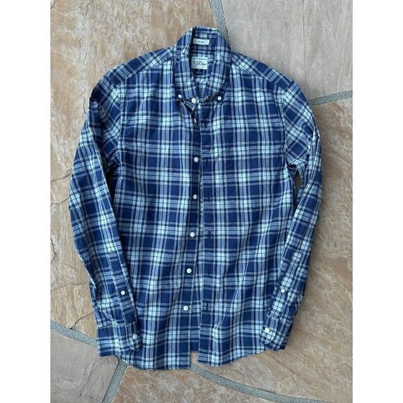 J Crew Blue White Green Slim Fit Plaid Print Button Down Dress Shirt Size Small - Picture 1 of 3